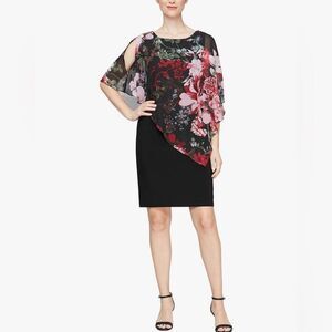 Floral Cape Popover Sheath Dress Chiffon Overlay Black Red Pink Knee Length 18W